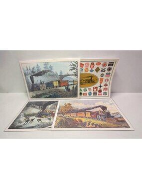 American Railroad Train Scene Placemat Set of 4 Currier & Ives Logos Art